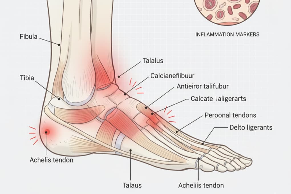 Detailed ankle anatomy diagram showing ankle sprain locations, joint swelling areas, and tendon inflammation points for pain relief understanding.