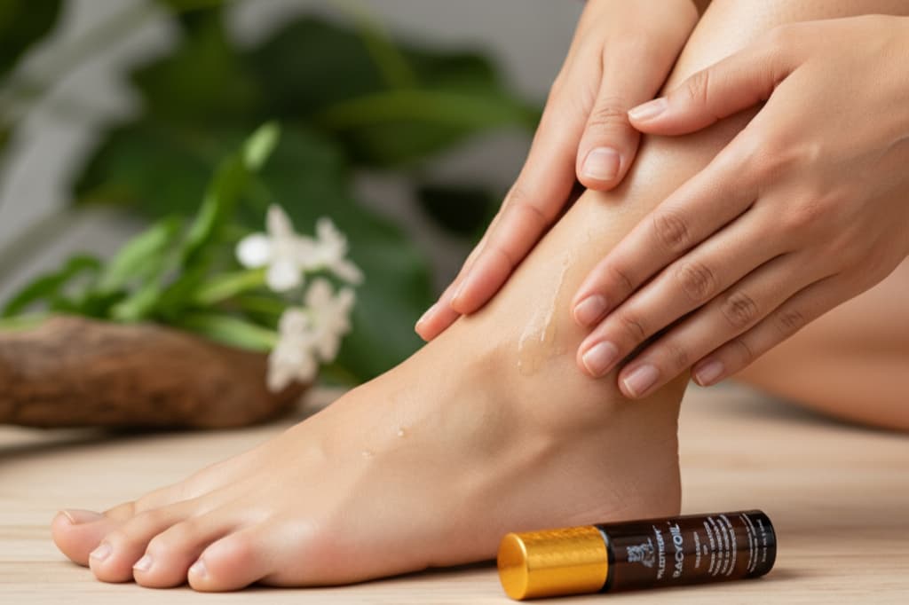 Natural ankle pain relief massage with RACYOIL™️ recovery oil for sprain treatment and joint swelling reduction.