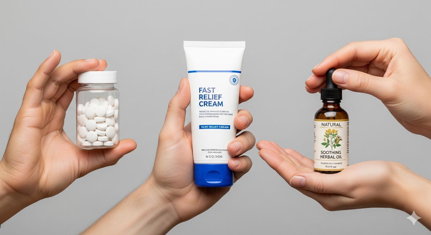 Three main categories of pain relief - pills, creams, and natural oils comparison