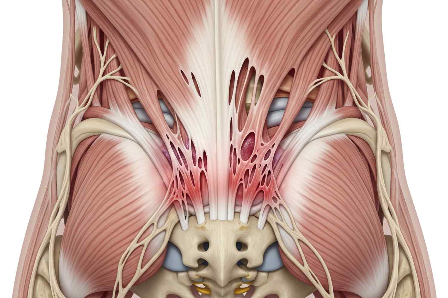 Anatomical view of back muscle strain showing torn muscle fibers