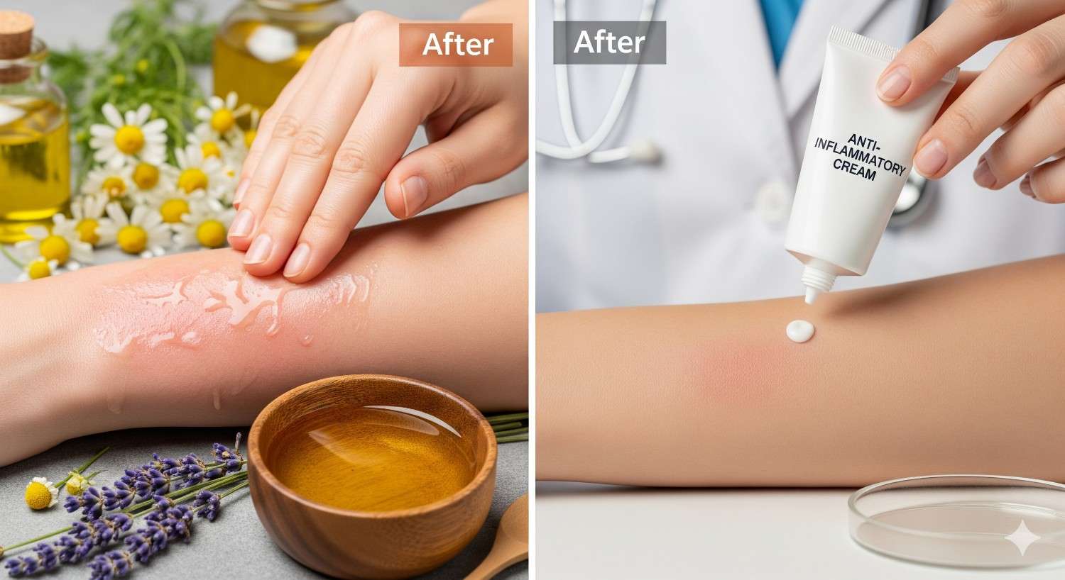 Visual comparison showing inflammation reduction with natural oil vs chemical creams