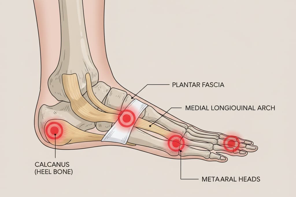 Foot anatomy diagram showing plantar fasciitis heel pain and arch strain locations