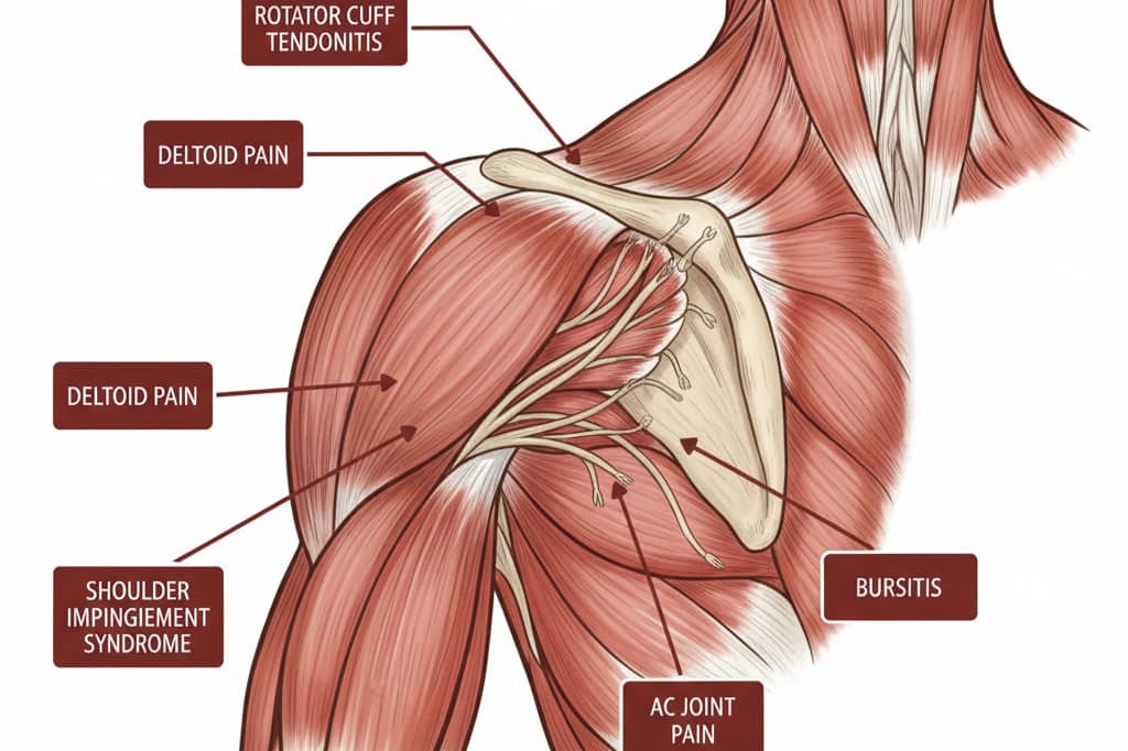 Shoulder anatomy diagram highlighting common areas affected by pain, stiffness and frozen shoulder condition