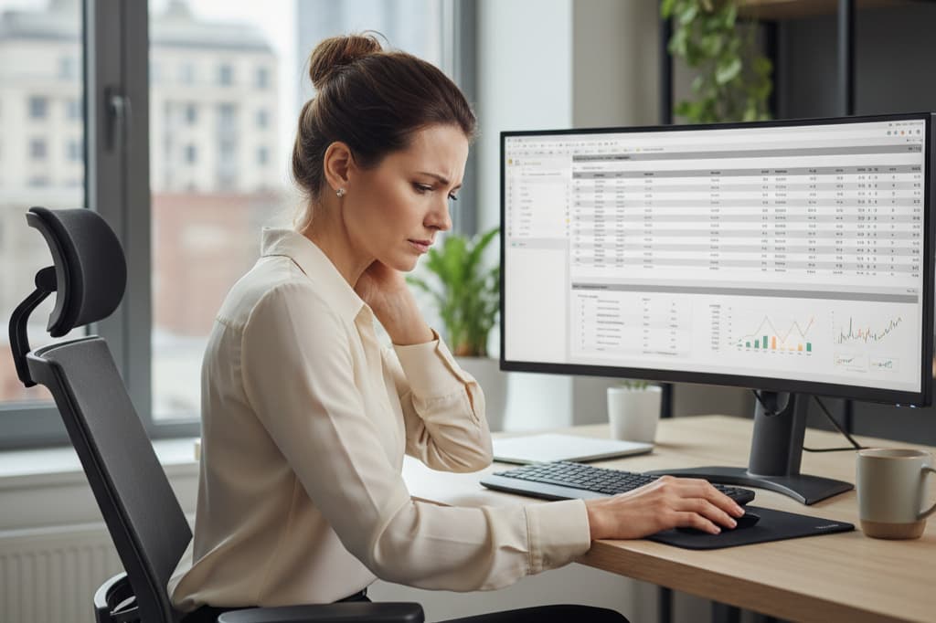 Office worker experiencing neck pain and tension headache from poor posture