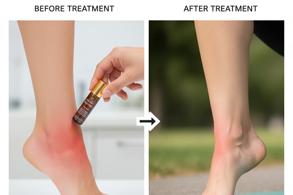 Before and after comparison showing ankle sprain treatment with RACYOIL™️ natural recovery oil reducing joint swelling and inflammation.