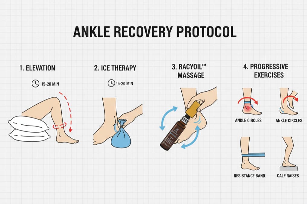 Complete ankle recovery technique guide featuring natural oil massage, elevation therapy, and exercises for ankle pain relief and sprain healing.