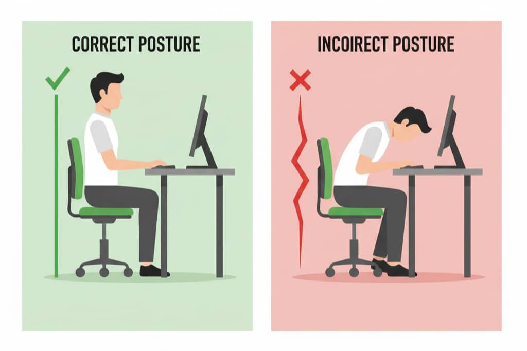 Proper posture techniques for preventing shoulder pain and muscle stiffness at work desk