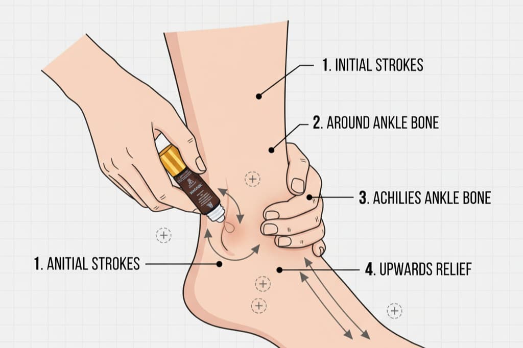 Step-by-step application guide for RACYOIL™️ anti-inflammatory joint oil showing proper massage technique for ankle pain relief.