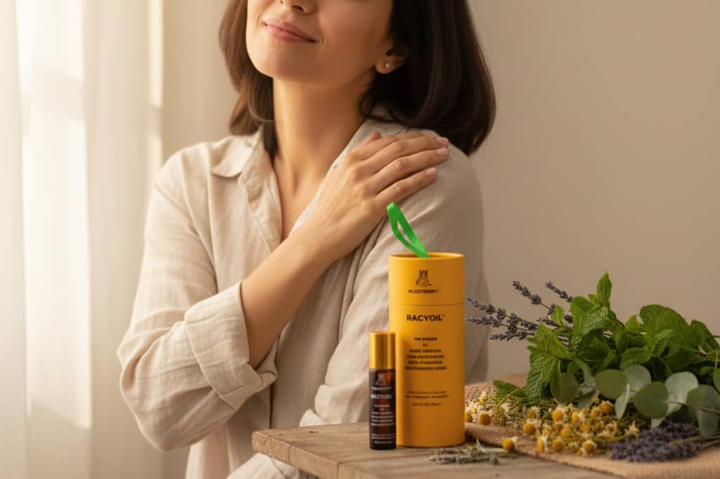 Natural shoulder pain relief oil application for muscle stiffness and frozen shoulder treatment