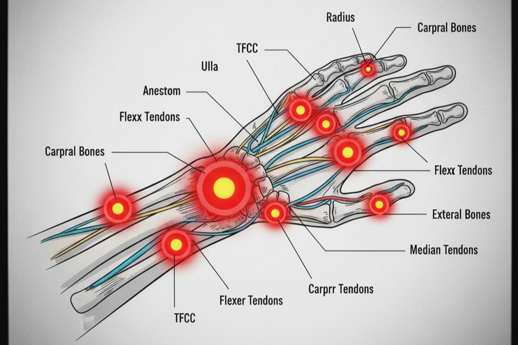 Wrist pain causes diagram showing tendonitis joint inflammation and carpal tunnel syndrome