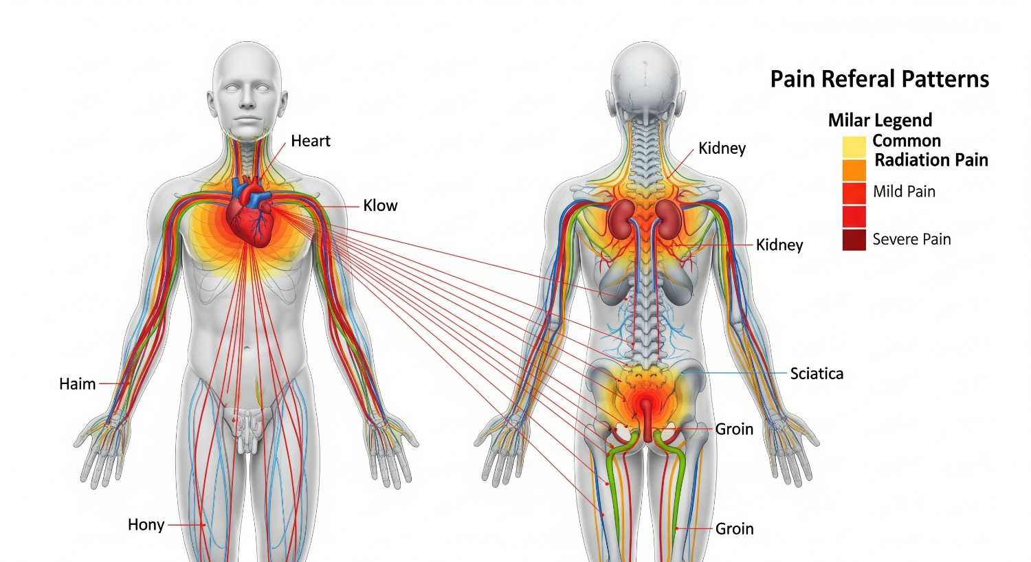 Diagram illustrating how back pains can radiate to other body areas