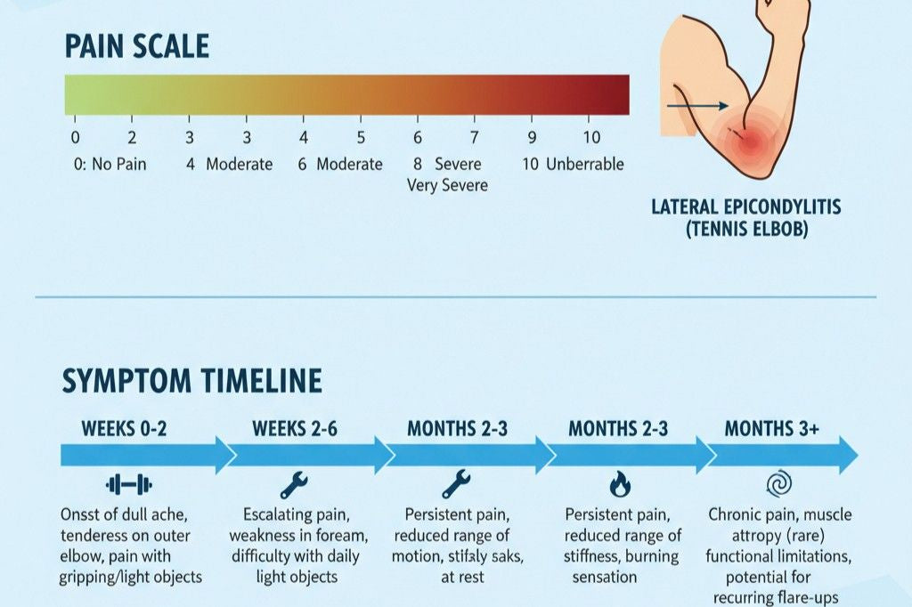 Tennis elbow symptoms progression chart showing pain levels and recovery stages