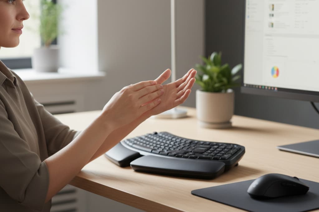 Ergonomic workspace setup with wrist stretches for arthritis wrist recovery and pain prevention