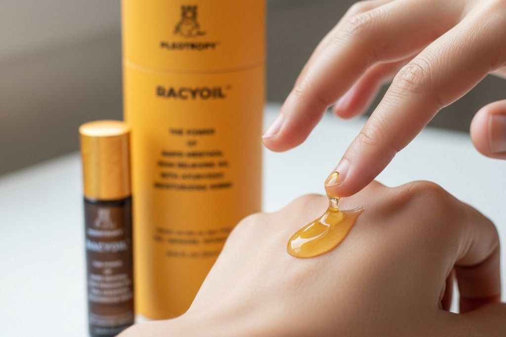 Application of RACYOIL™️ pain relief oil showing natural texture and consistency