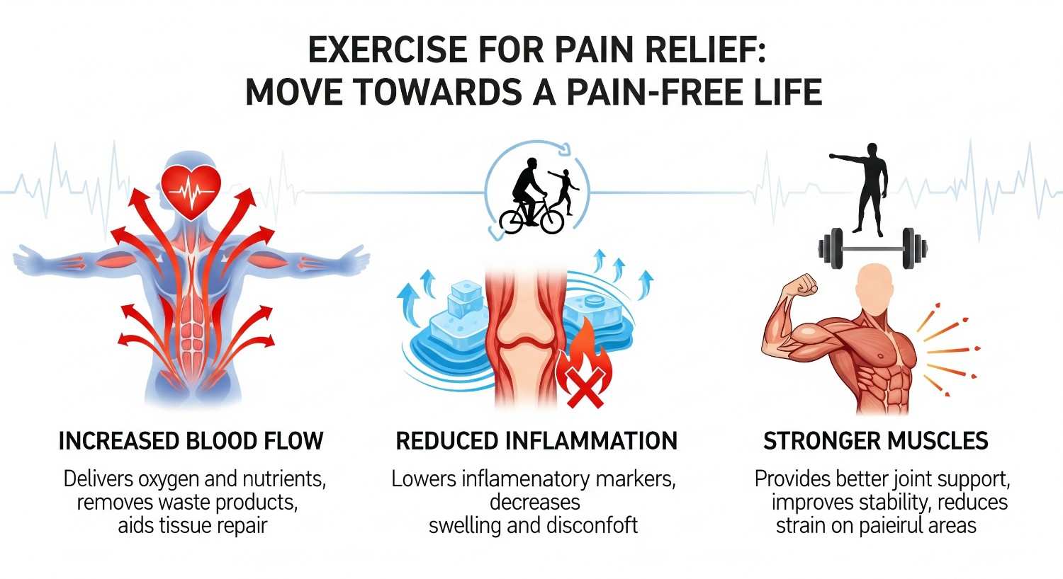 Benefits of exercise for pain relief infographic showing improved circulation and muscle strength