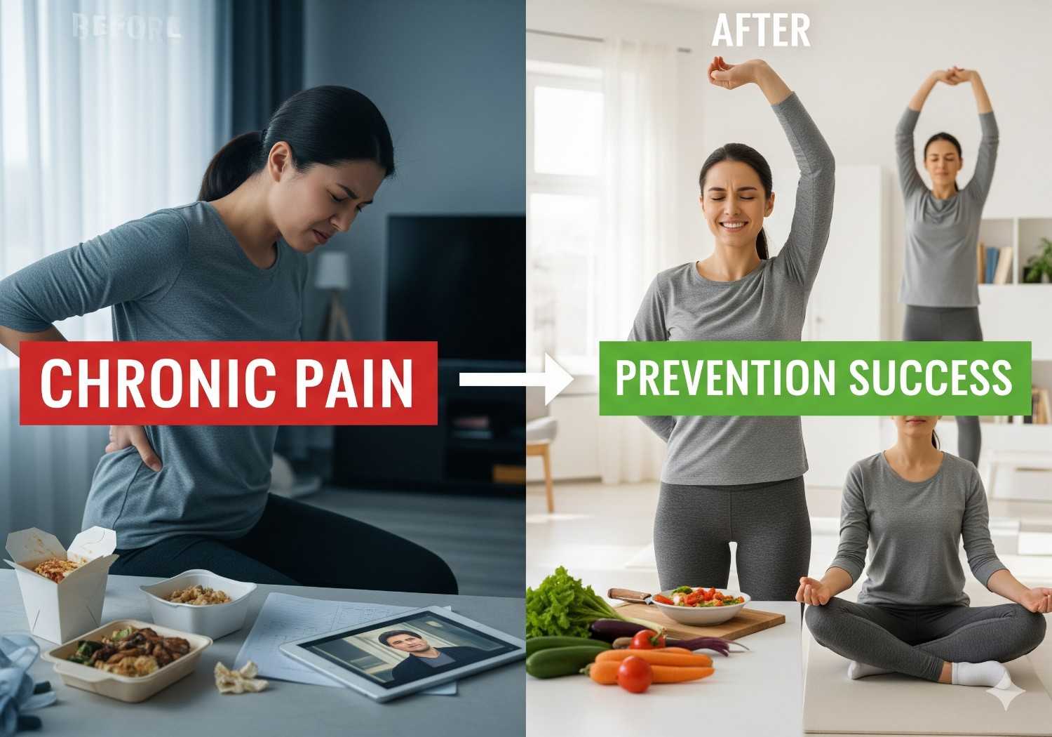 Chronic pain prevention transformation showing lifestyle tips for pain relief success and healthy lifestyle benefits.