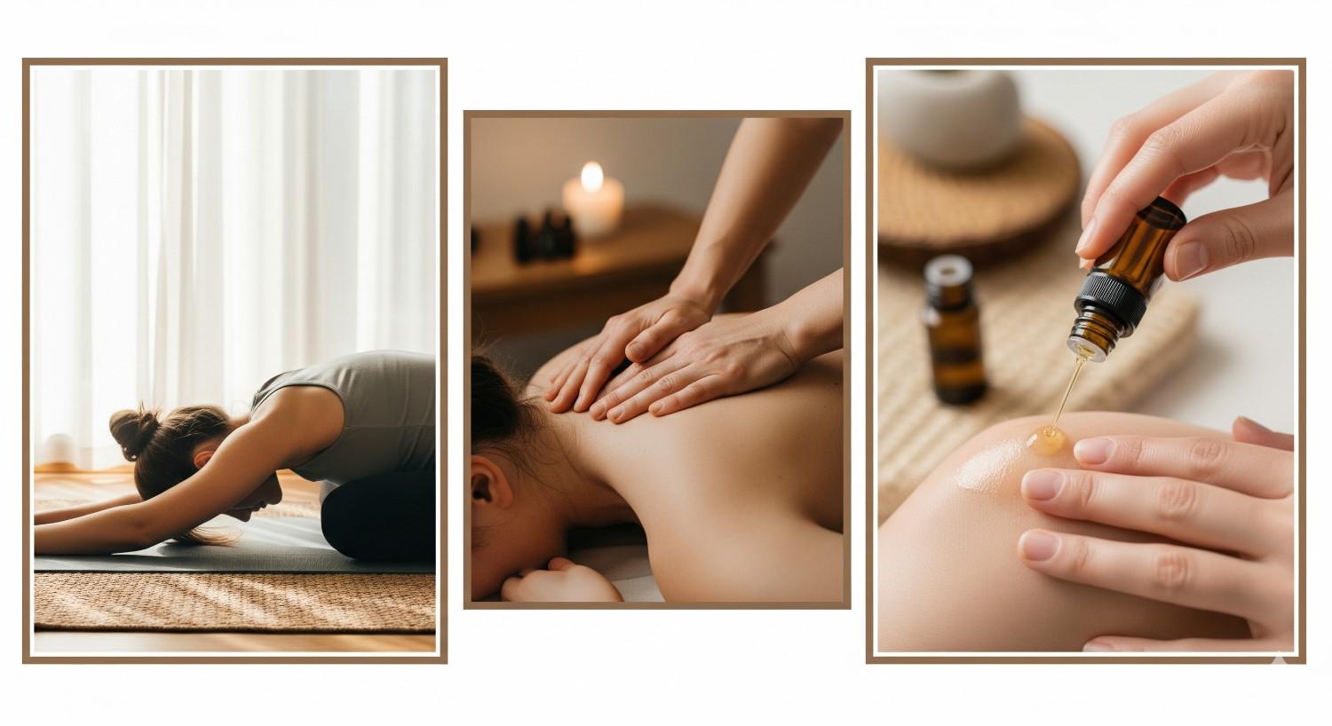 Natural backbone pain relief methods including yoga, massage, and therapeutic oils