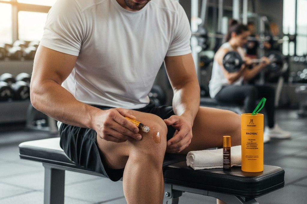 Professional athlete using natural pain relief oil for sports injury recovery on knee