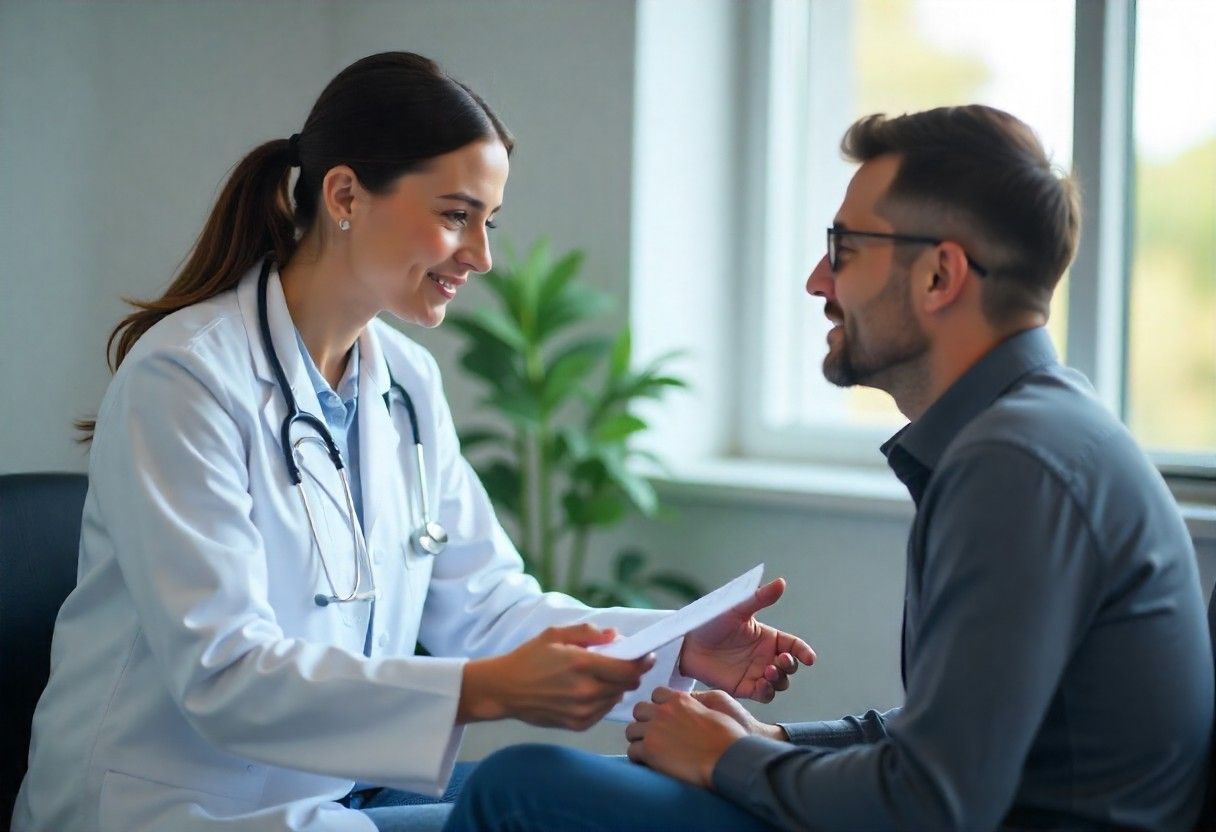 Healthcare professional discussing medical pain relief treatments with patient