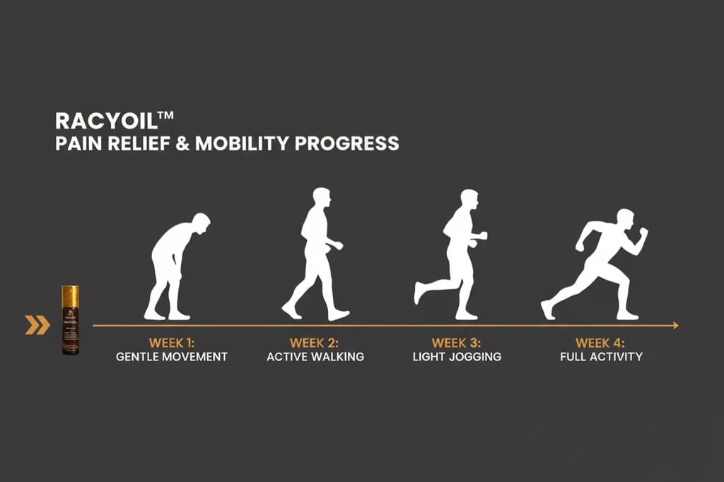 Visual timeline showing stages of knee pain recovery over 4 weeks using RACYOIL™️ natural joint relief oil
