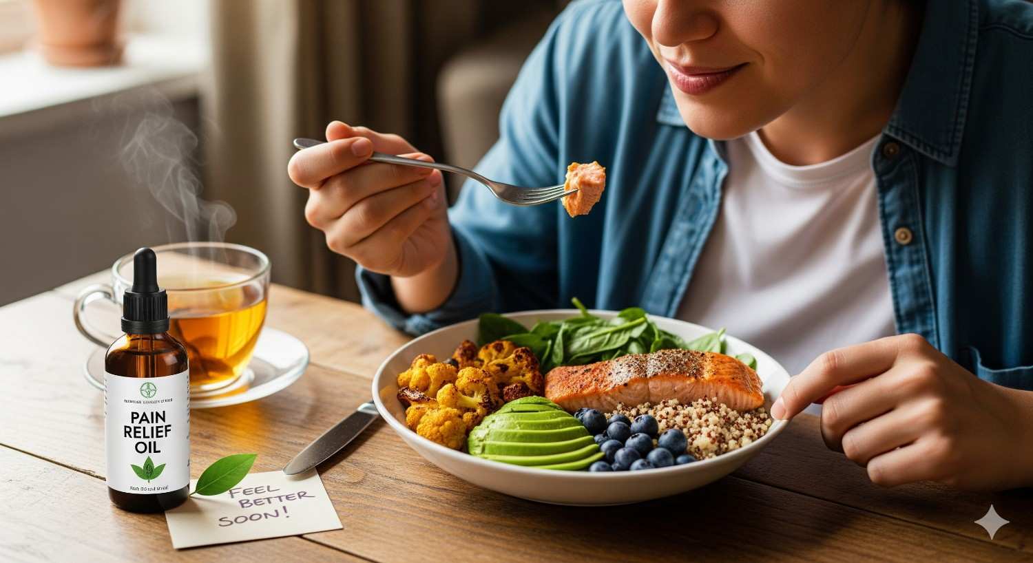 Anti-inflammatory foods for natural pain relief combined with topical pain relief oil treatment