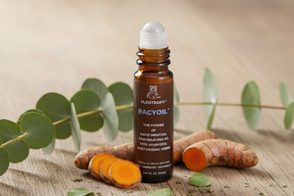 RACYOIL natural pain relief oil by PLEOTROPY with herbal ingredients for muscle and joint pain