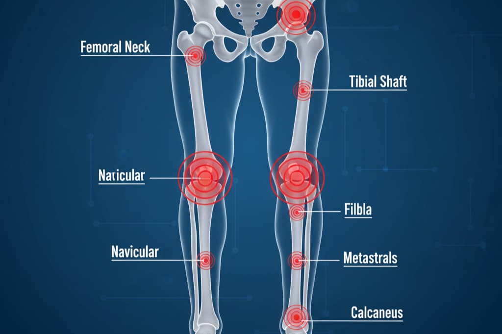 Diagram of stress fracture locations in tibia metatarsals and fibula for athletes