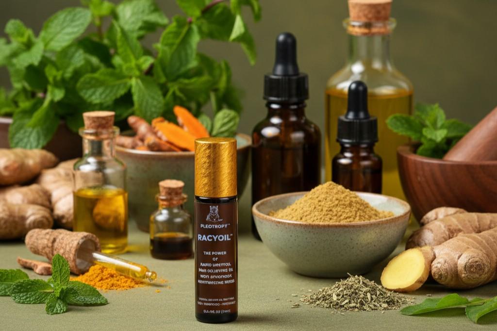 RACYOIL natural pain relief oil bottle with herbal ingredients for sports injury treatment