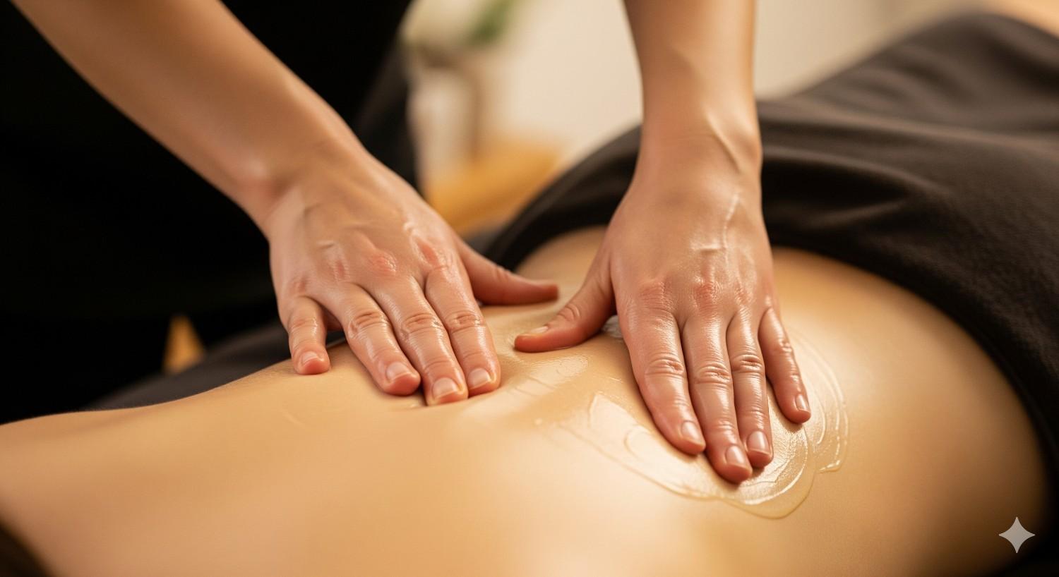 Correct circular massage technique for applying RACYOIL™️ to back pain
