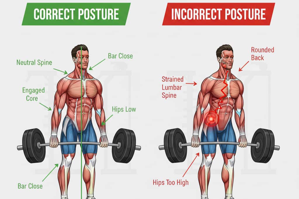Proper form demonstration for lower back sports injury relief and prevention during weightlifting