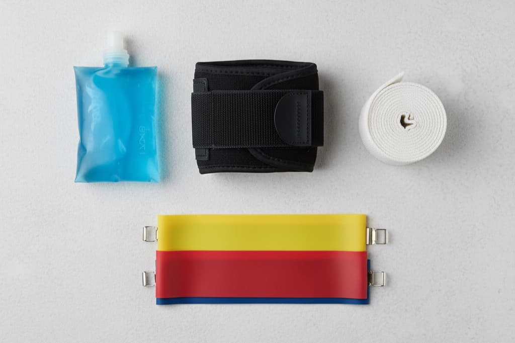 Traditional wrist injury treatment tools including brace and compression for pain management