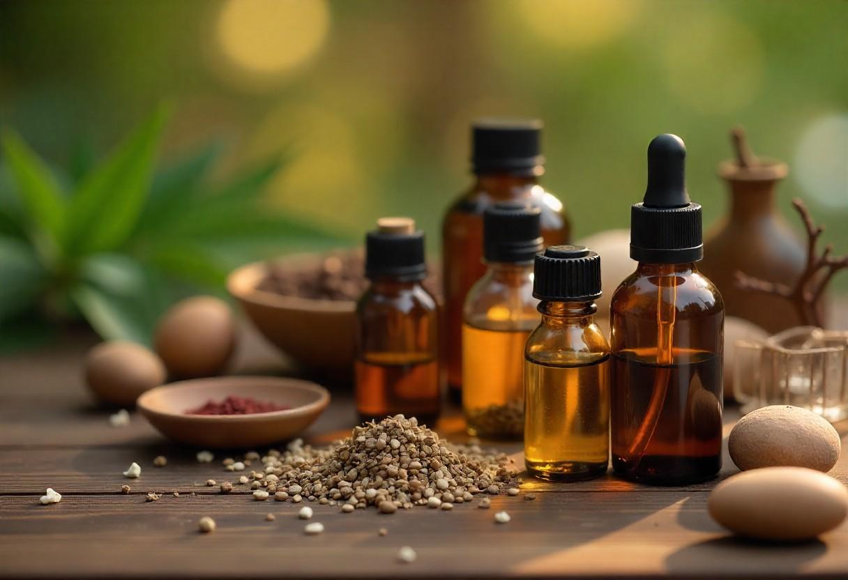 Natural pain relief remedies including herbal oils, dried herbs, and wellness products for holistic healing