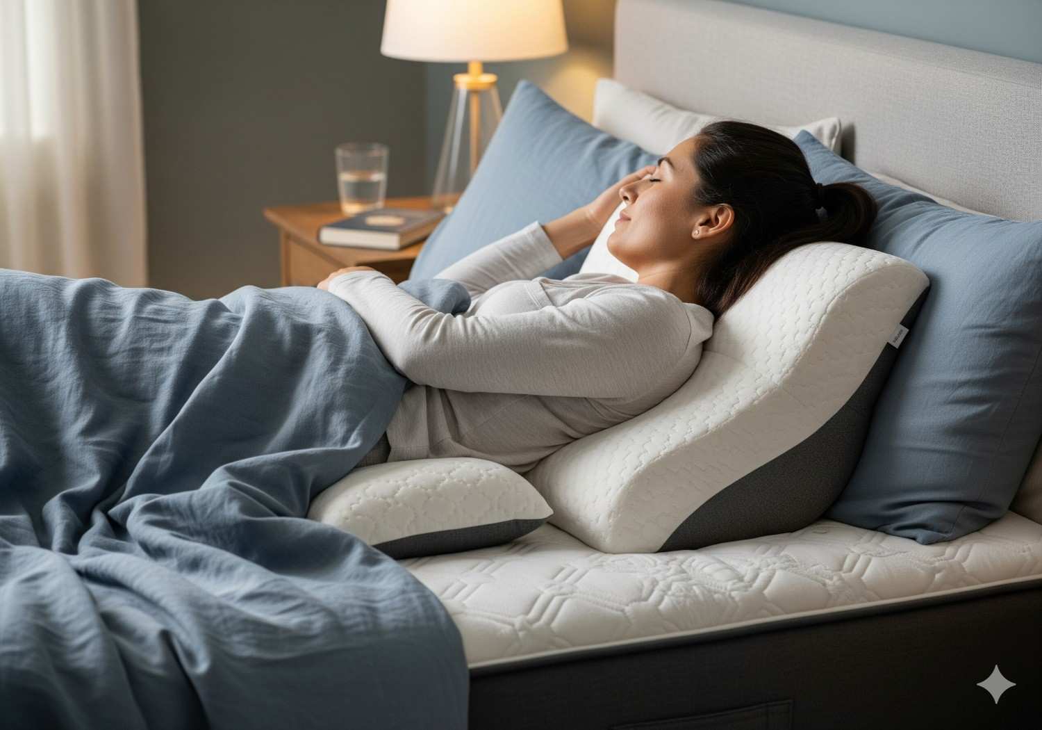 Optimal sleep setup with proper pillow support for side sleepers to prevent morning pain and stiffness.