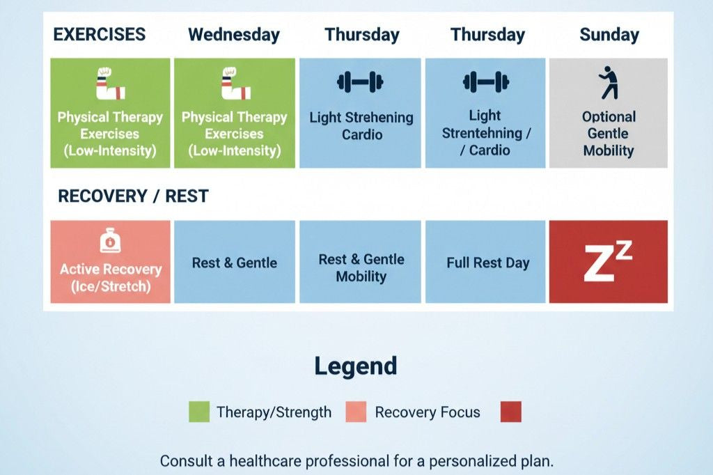 Weekly athletic training schedule showing proper recovery for tennis elbow prevention