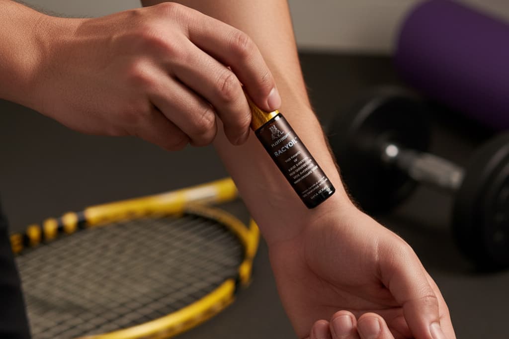 Natural wrist injury relief application with RACYOIL™️ for sports recovery and pain management