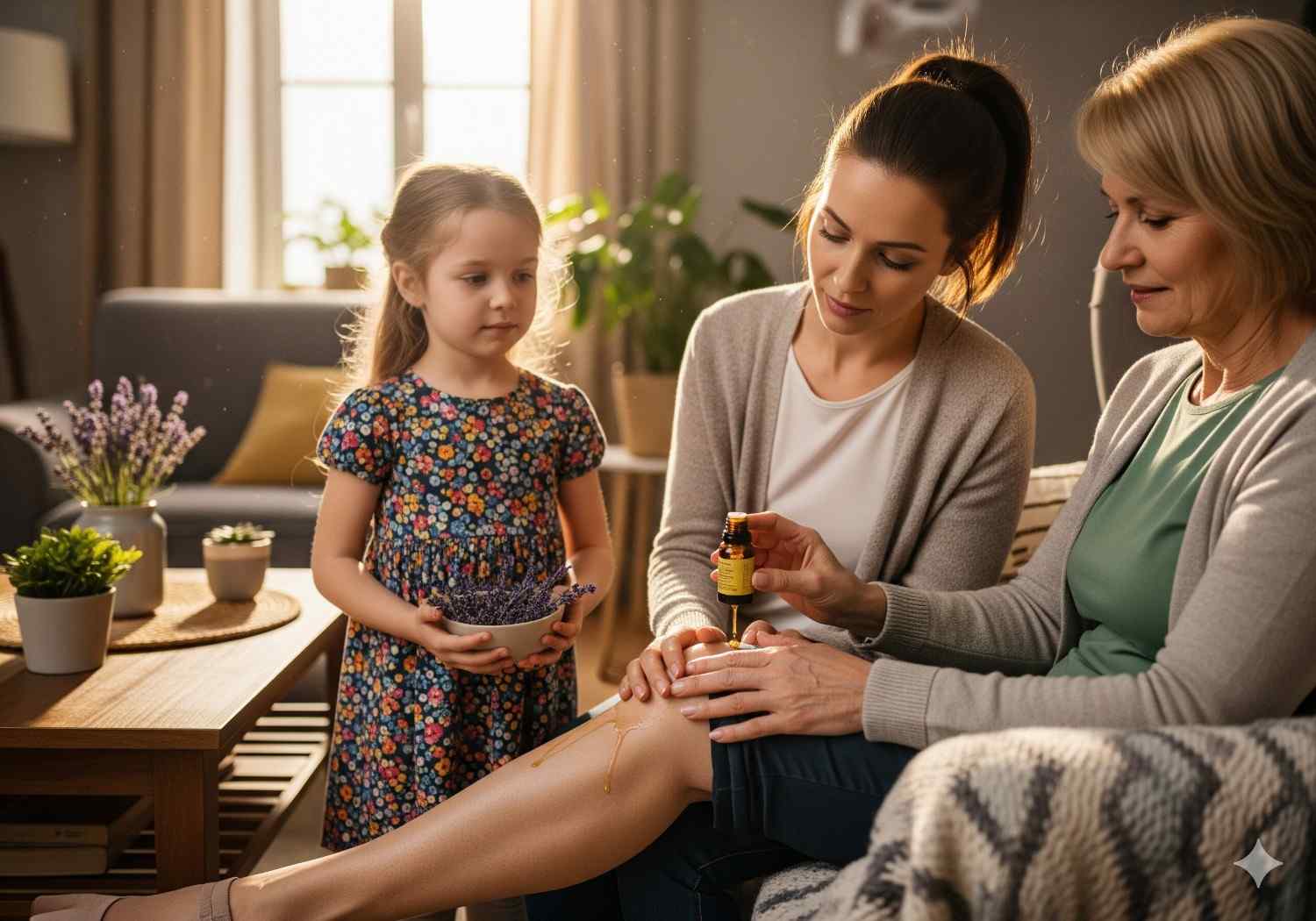 Three generations of family members benefiting from natural pain relief with RACYOIL™️