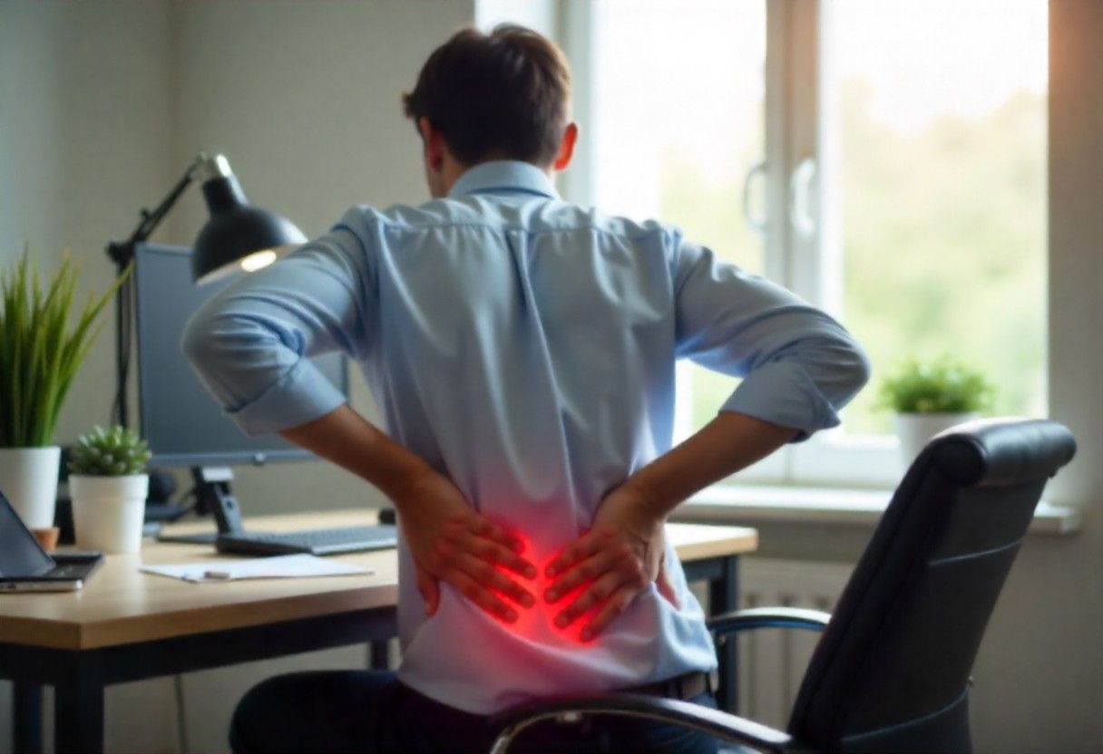 Person experiencing chronic back pain while working at desk - highlighting need for natural pain relief solutions