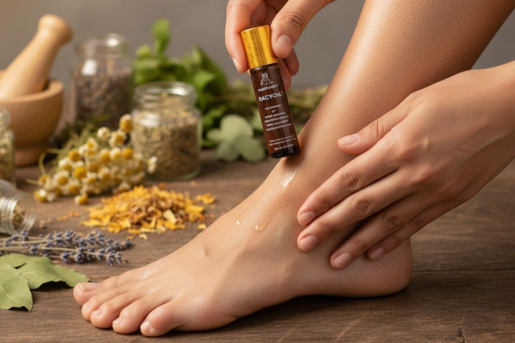 Natural oil application for sprains and strains relief with therapeutic herbs
