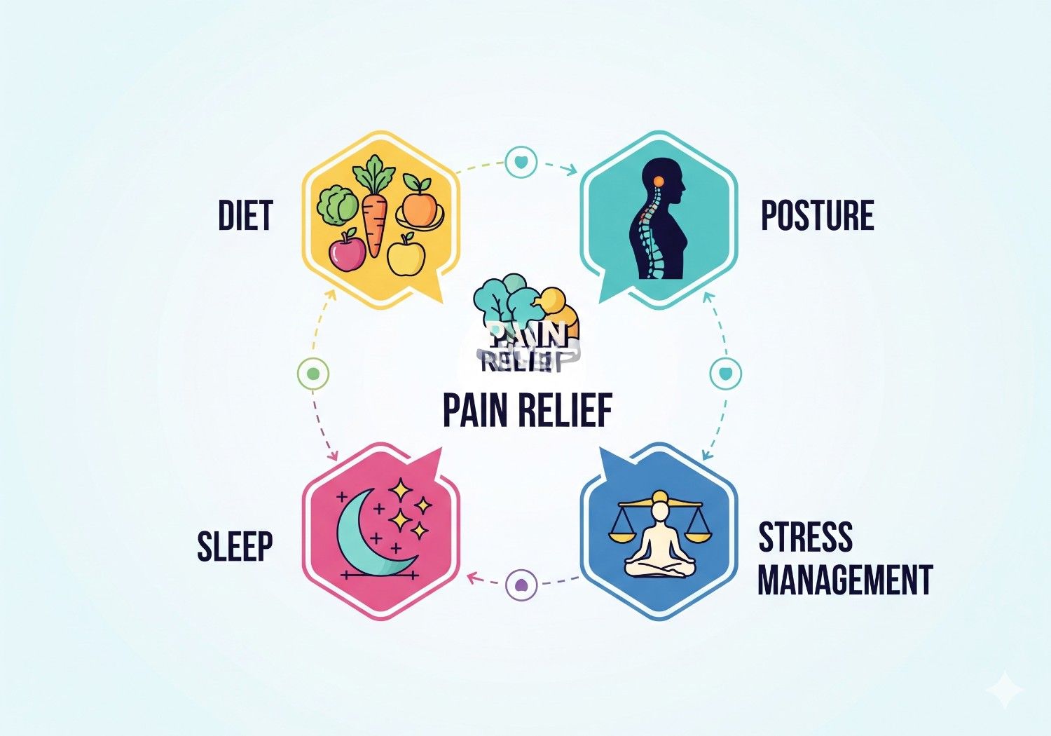 Four pillars of lifestyle-based pain relief showing diet, posture, sleep and stress management connections.
