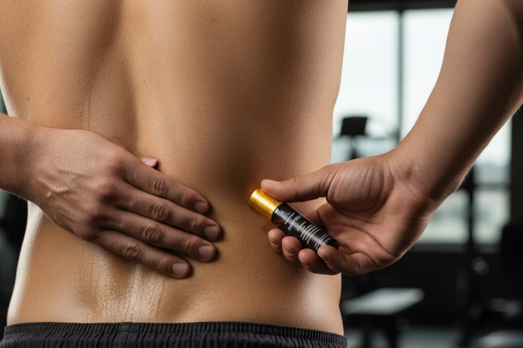 Athlete using RACYOIL™️ muscle oil for back pain relief after sports training session
