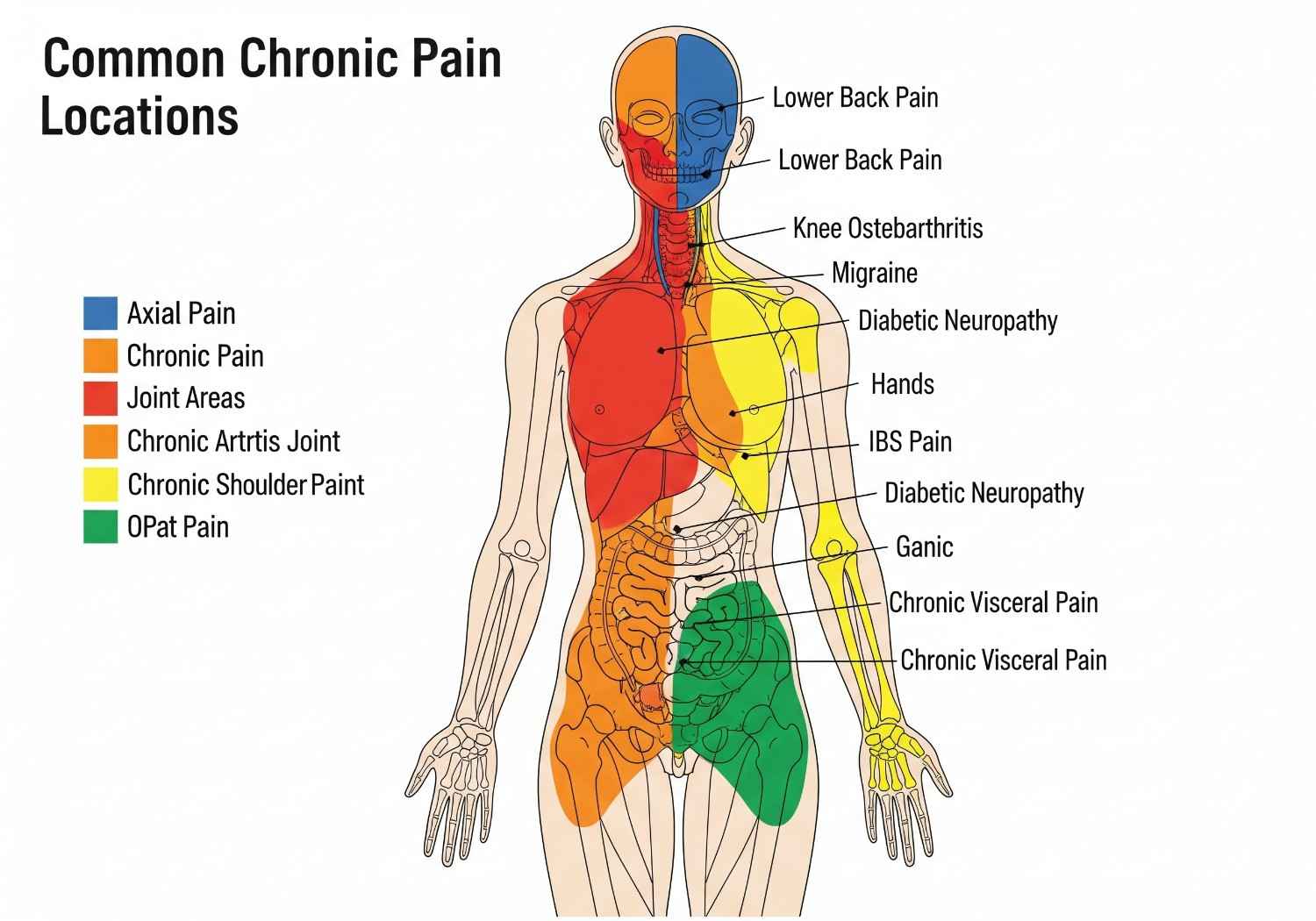 Anatomical illustration highlighting common chronic pain locations including back, joints, and nerve pathways