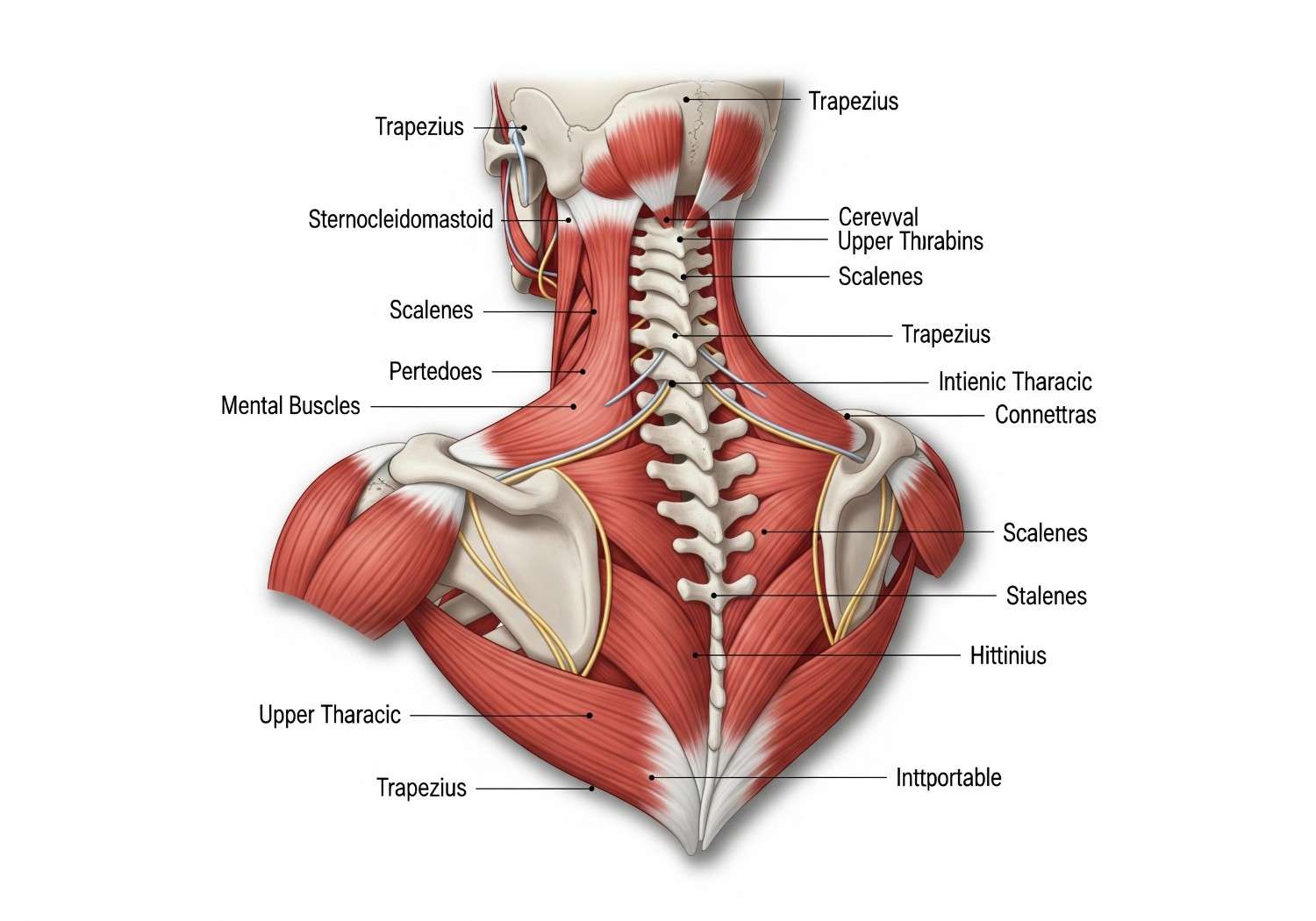 Thoracic spine anatomy highlighting areas affected by upper back pain and muscle tension