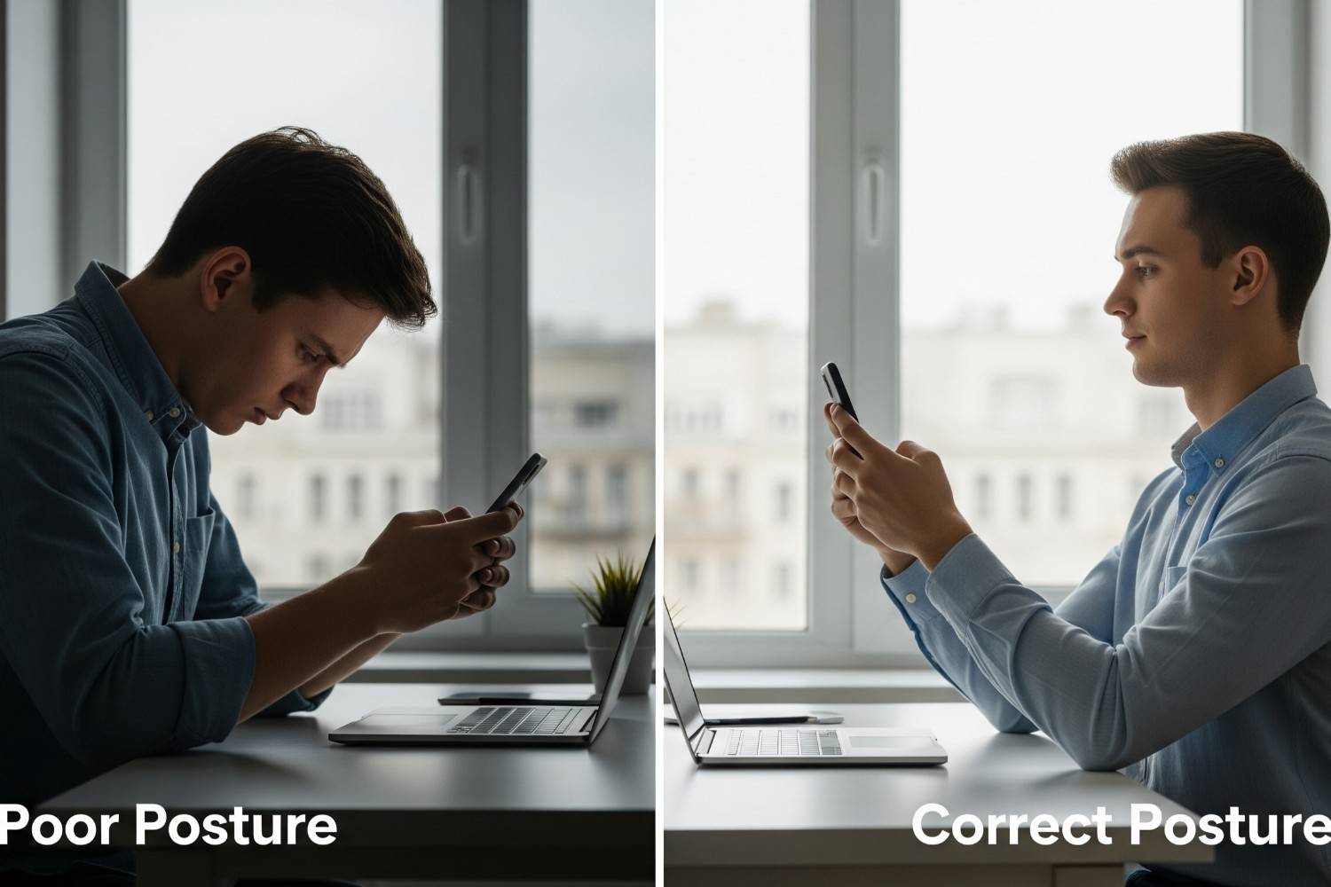 Comparison of poor posture causing upper back pain versus proper ergonomic positioning