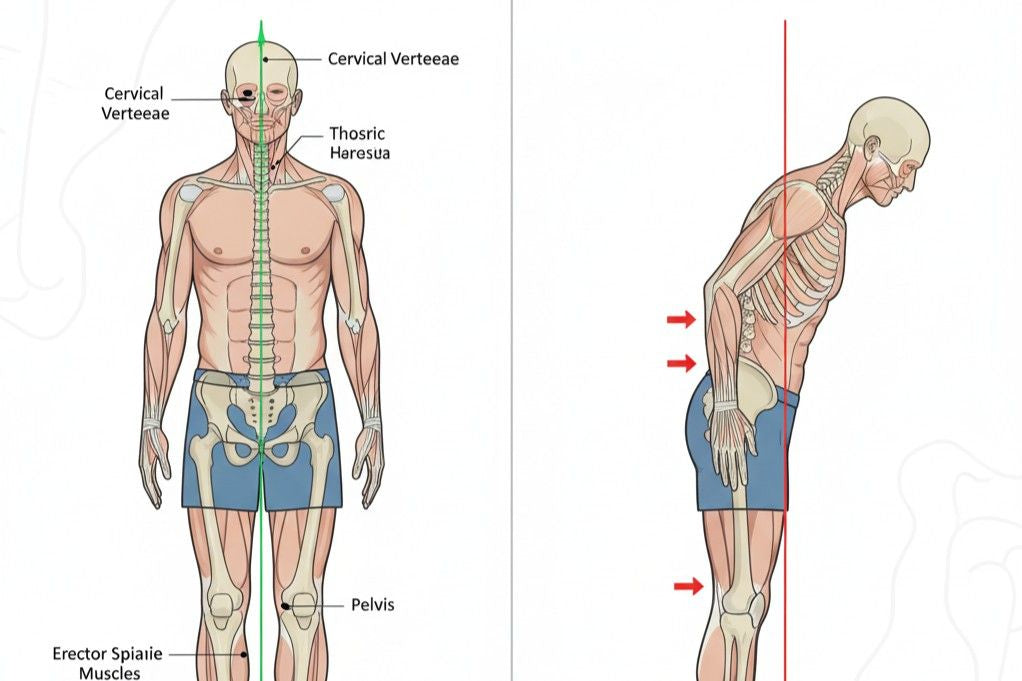 Spinal anatomy comparison showing healthy posture versus posture causing back pain