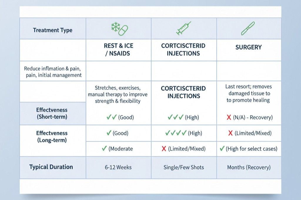 Standard tennis elbow treatment options including ice therapy, bracing, and physical therapy