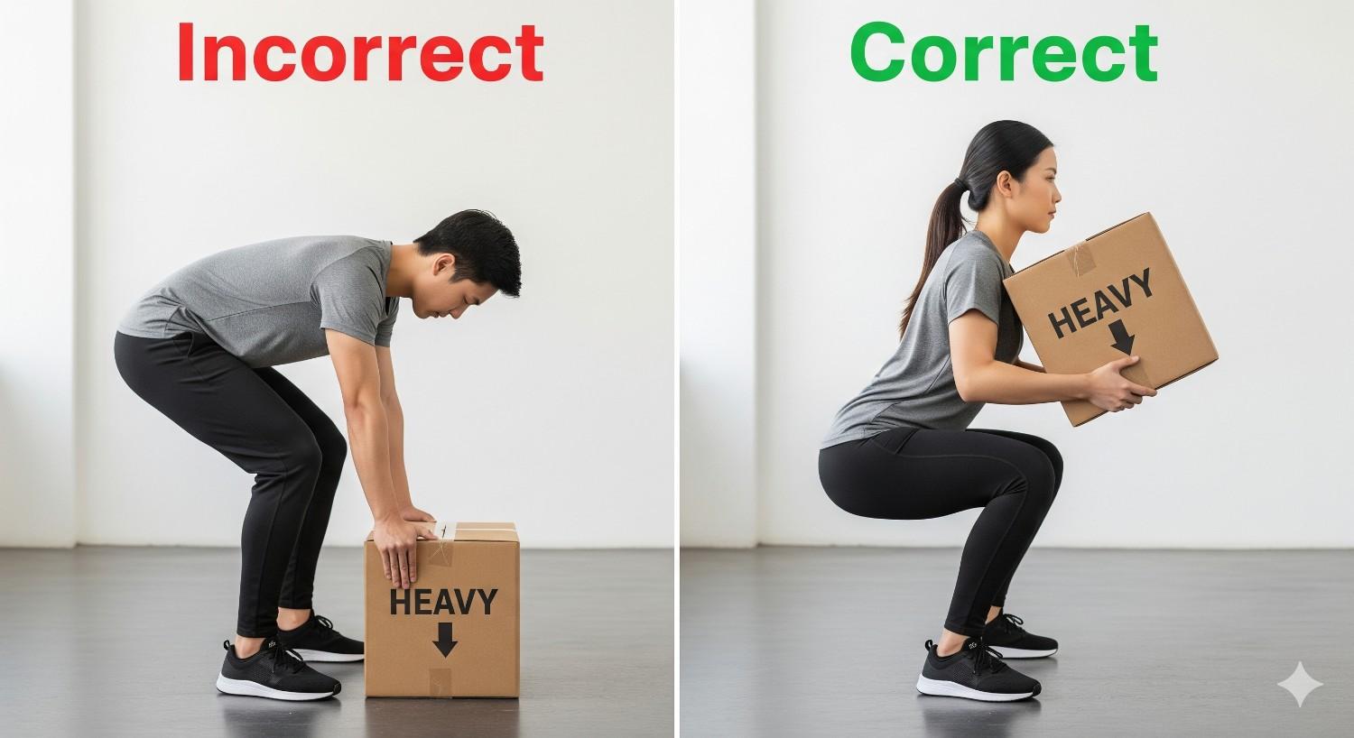 Proper lifting technique to prevent back spasms and muscle strain