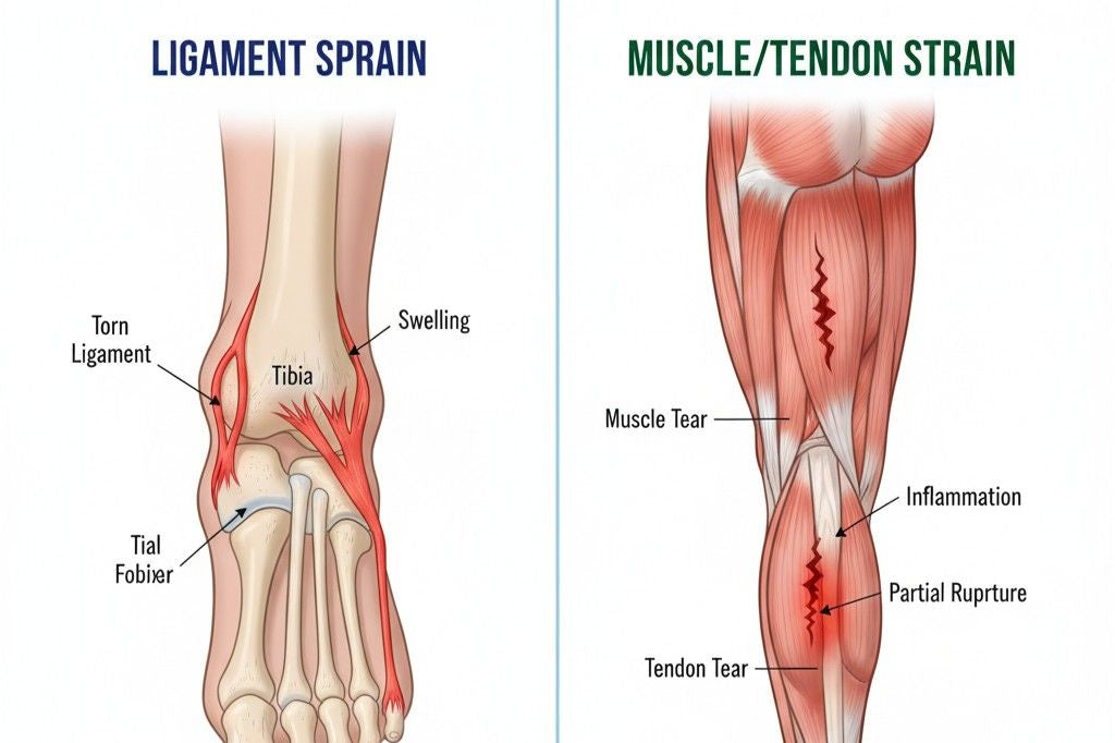 Medical diagram illustrating sprain vs strain injuries in the human body