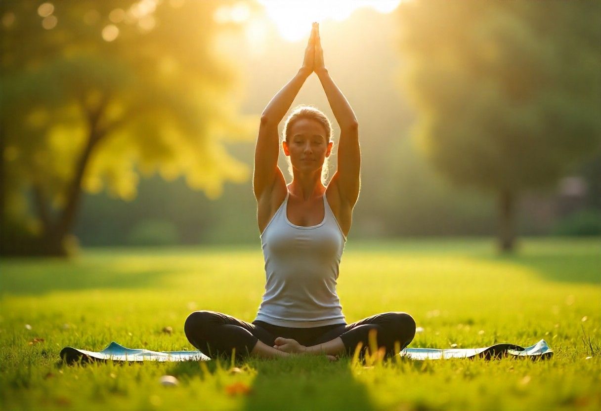 Mindful yoga practice in nature for stress relief and natural pain management through movement.
