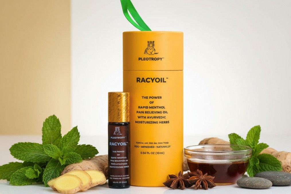 RACYOIL™️ pain relief bottle with natural herbal ingredients for arthritis and muscle pain