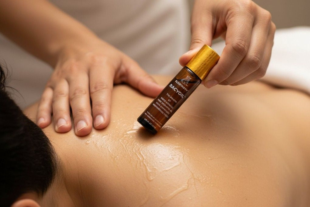 Applying spasm relief oil RACYOIL™️ for back spasms treatment